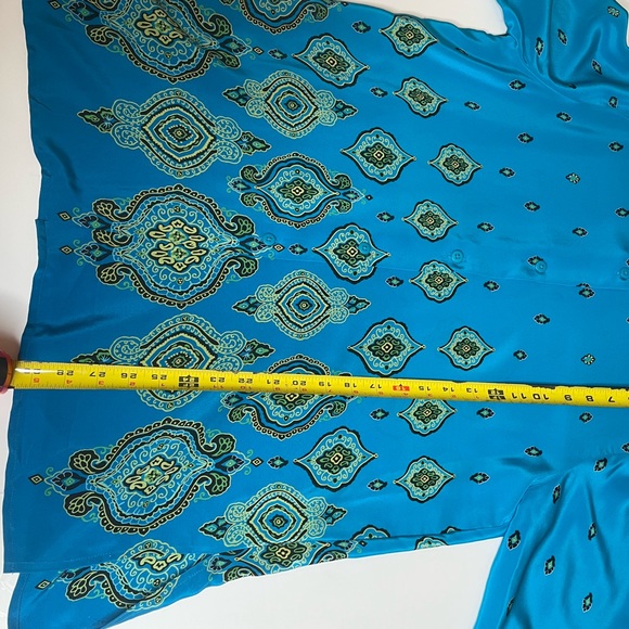 Vintage Silk Blouse By Beth Terrell Blue Geo Print Top Size M Sustainable Office - Picture 11 of 12